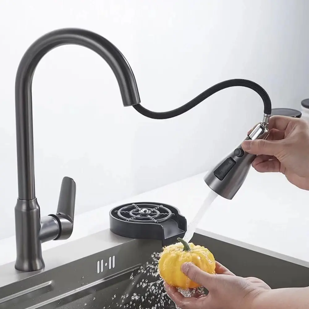 All copper kitchen faucet, pull-out spout, kitchen sink mixer tap, spray head, chrome/black mixer tap