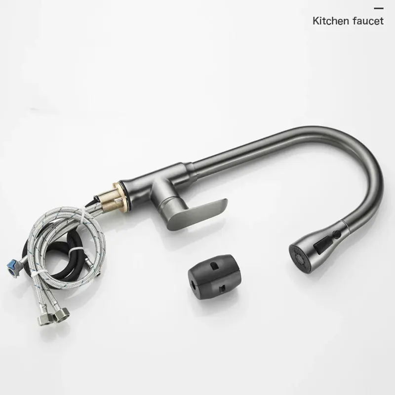 All copper kitchen faucet, pull-out spout, kitchen sink mixer tap, spray head, chrome/black mixer tap
