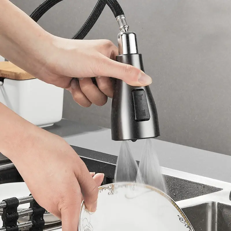 All copper kitchen faucet, pull-out spout, kitchen sink mixer tap, spray head, chrome/black mixer tap