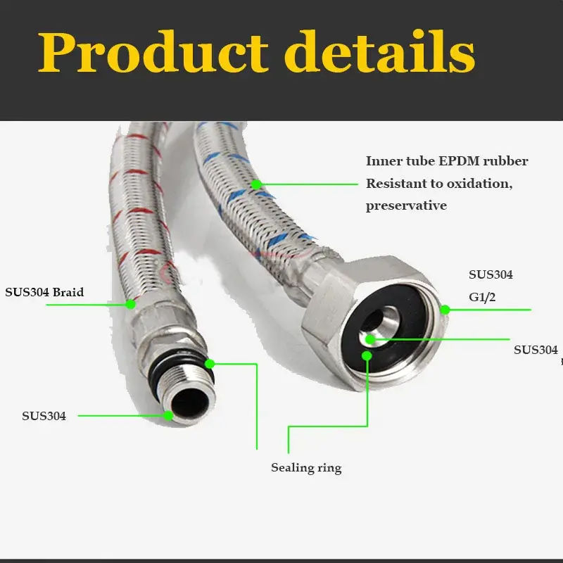 2 Pack 60cm Stainless Steel Hose G1/2 Hot and Cold Mixer Faucet Inlet Pipe Hose Bathroom Kitchen Connection Accessories