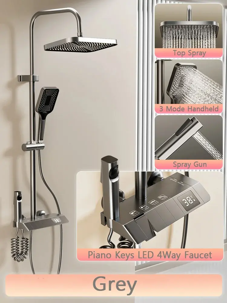 Piano key shower system bathroom shower set gun ash bathtub hot and cold shower faucet LED digital copper faucet shower set