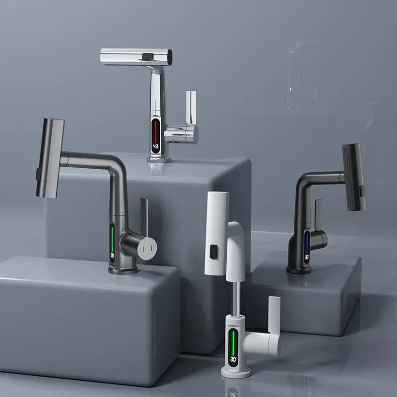LED Intelligent Temperature Display Kitchen Faucet Hot and Cold Water Outlet Kitchen Sink Faucet Pull Type Sink Faucet Tap
