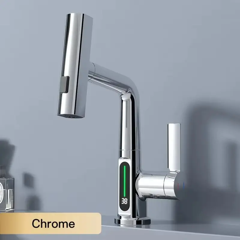 LED Intelligent Temperature Display Kitchen Faucet Hot and Cold Water Outlet Kitchen Sink Faucet Pull Type Sink Faucet Tap