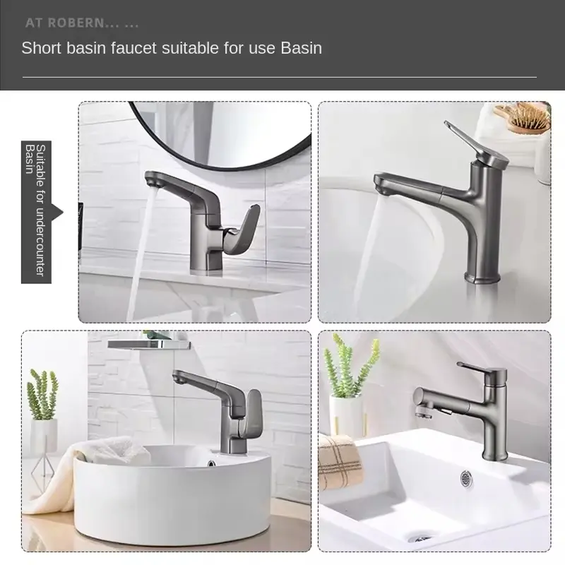 2025 new bathroom pull-out hot and cold water faucet, gray/black faucet with two water flow modes
