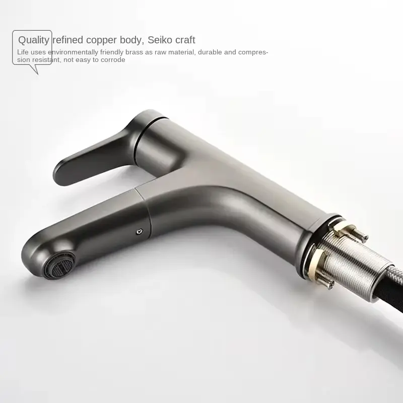 2025 new bathroom pull-out hot and cold water faucet, gray/black faucet with two water flow modes