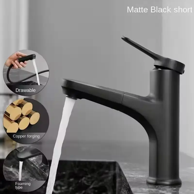2025 new bathroom pull-out hot and cold water faucet, gray/black faucet with two water flow modes