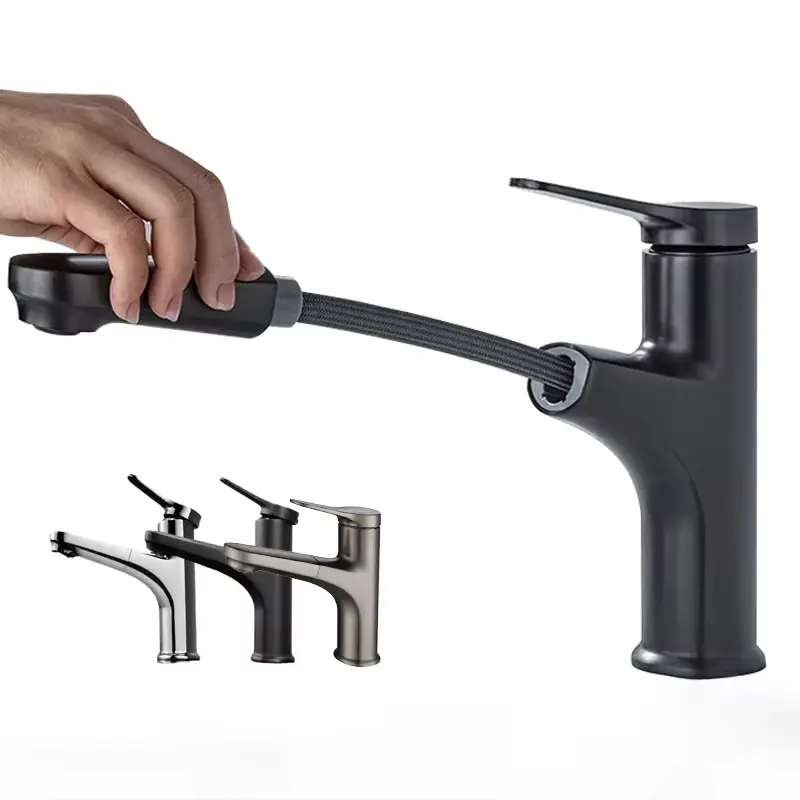 2025 new bathroom pull-out hot and cold water faucet, gray/black faucet with two water flow modes