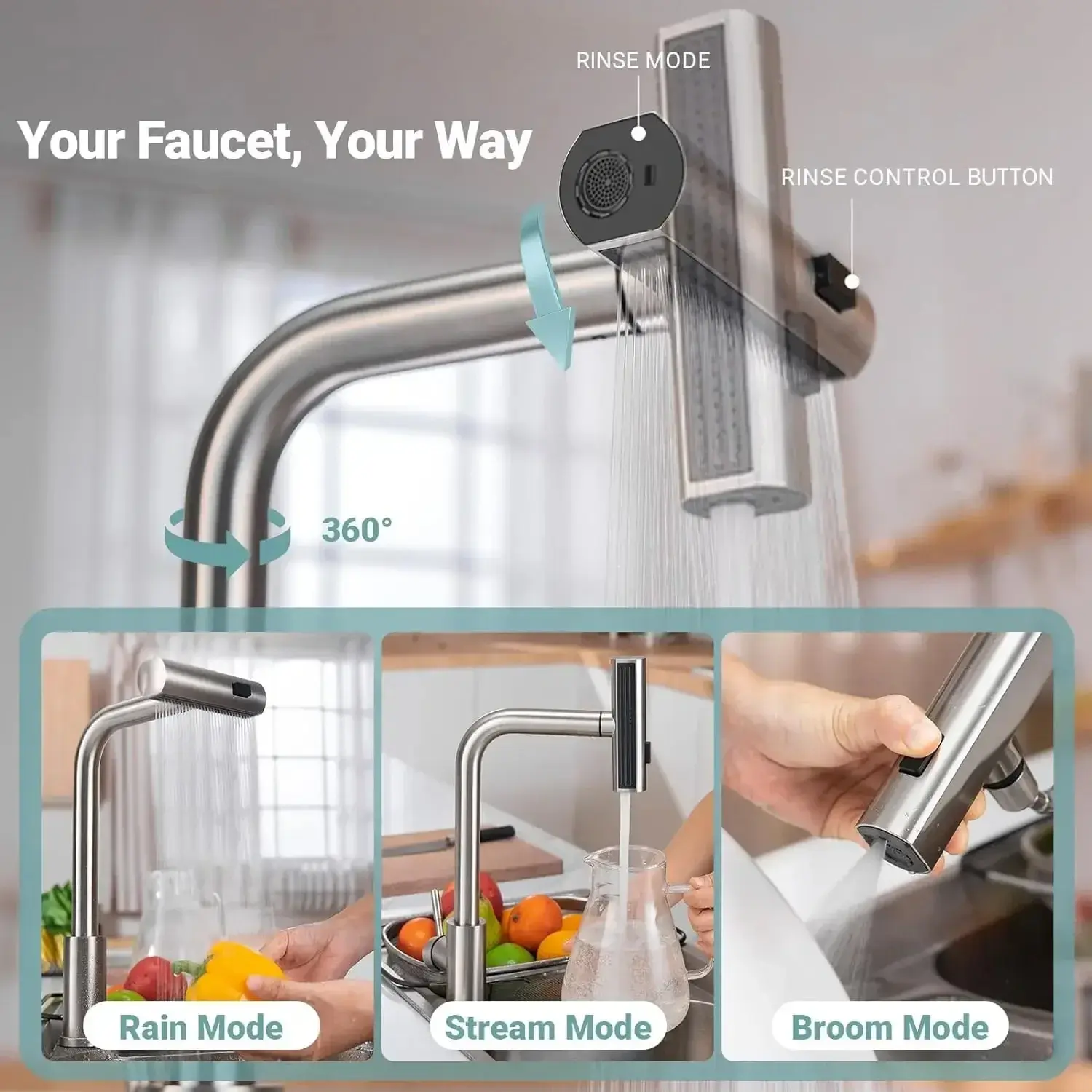 Waterfall kitchen faucet stainless steel 360° rotating waterfall flow nozzle hot and cold water sink mixer kitchen pull-out fauc