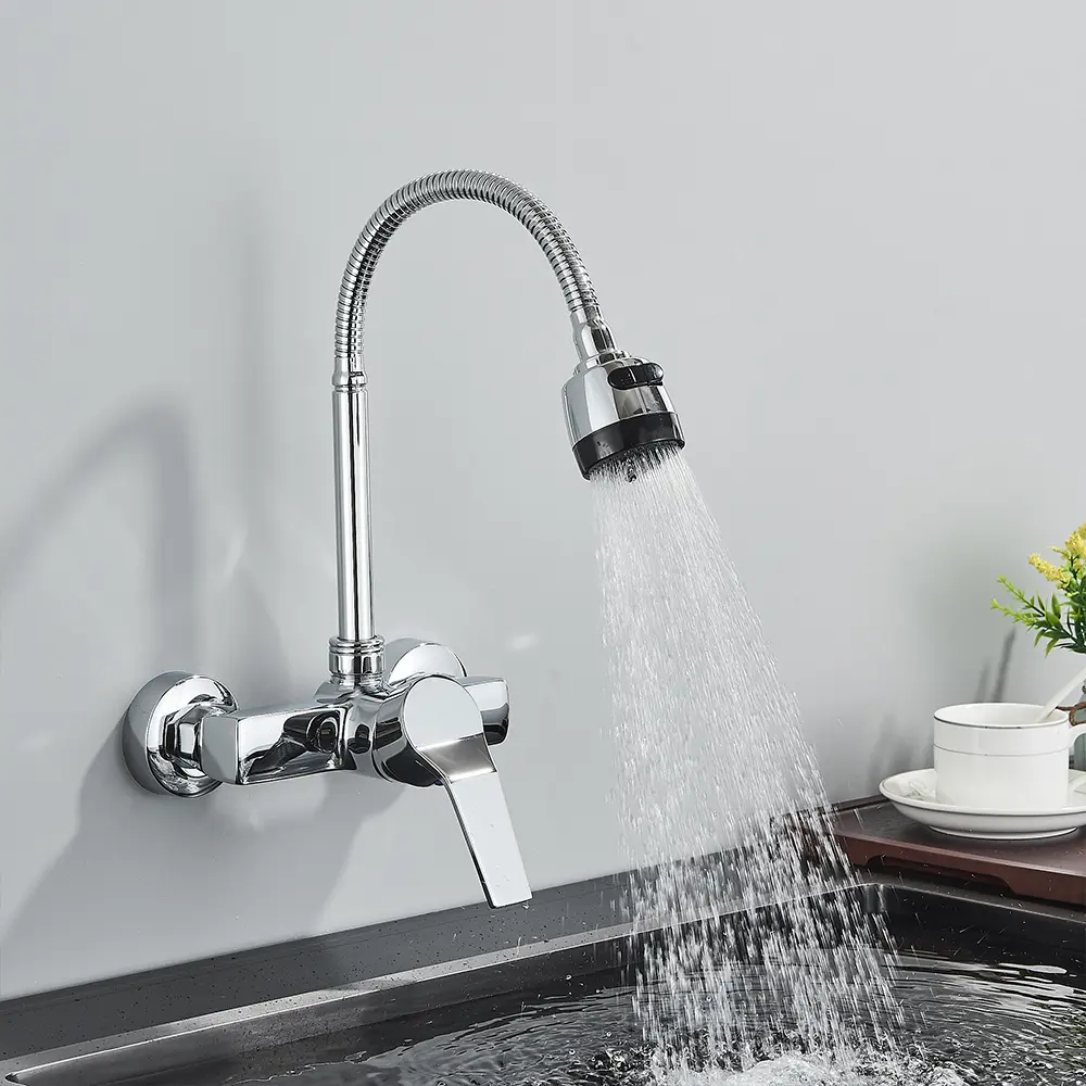 Balcony rotary kitchen faucet, hot and cold faucet is installed in double stainless steel holes and 2-speed bubbler