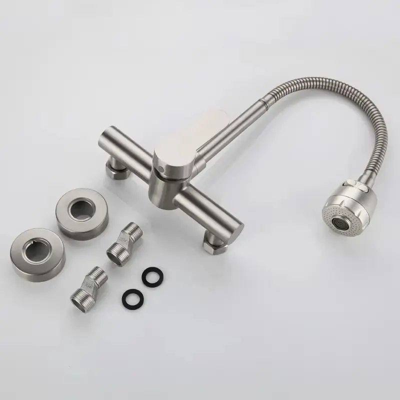 Balcony rotary kitchen faucet, hot and cold faucet is installed in double stainless steel holes and 2-speed bubbler