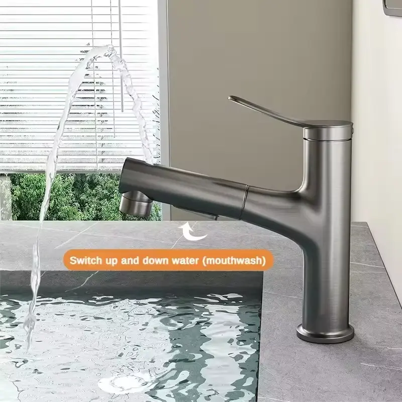 Pull-out bathroom faucet hot and cold water outlet bathroom sink faucet three-mode outlet sink faucet