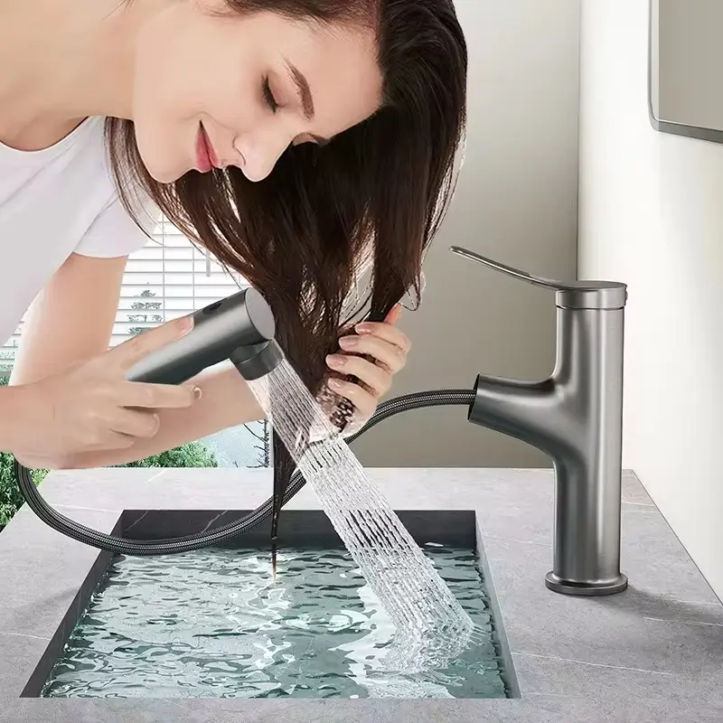 Pull-out bathroom faucet hot and cold water outlet bathroom sink faucet three-mode outlet sink faucet