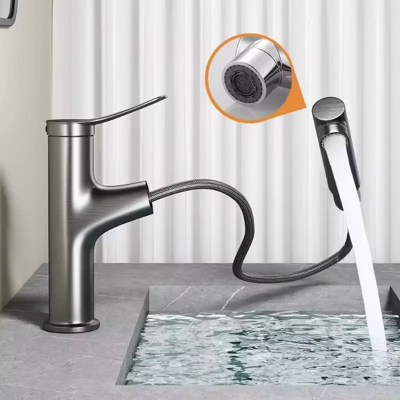 Pull-out bathroom faucet hot and cold water outlet bathroom sink faucet three-mode outlet sink faucet