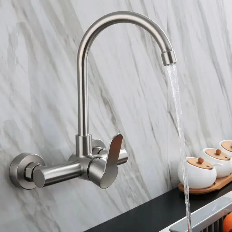 304 Stainless Steel Wall Mount Kitchen Faucet Mixer Kitchen Sink Faucet 360 Degree Free Rotation Hose Double Hole Faucet