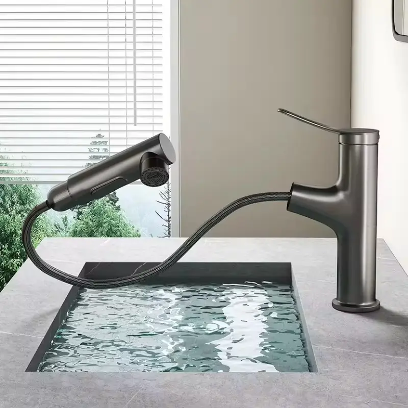 Pull-out bathroom faucet hot and cold water outlet bathroom sink faucet three-mode outlet sink faucet