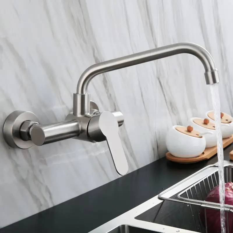 304 Stainless Steel Wall Mount Kitchen Faucet Mixer Kitchen Sink Faucet 360 Degree Free Rotation Hose Double Hole Faucet
