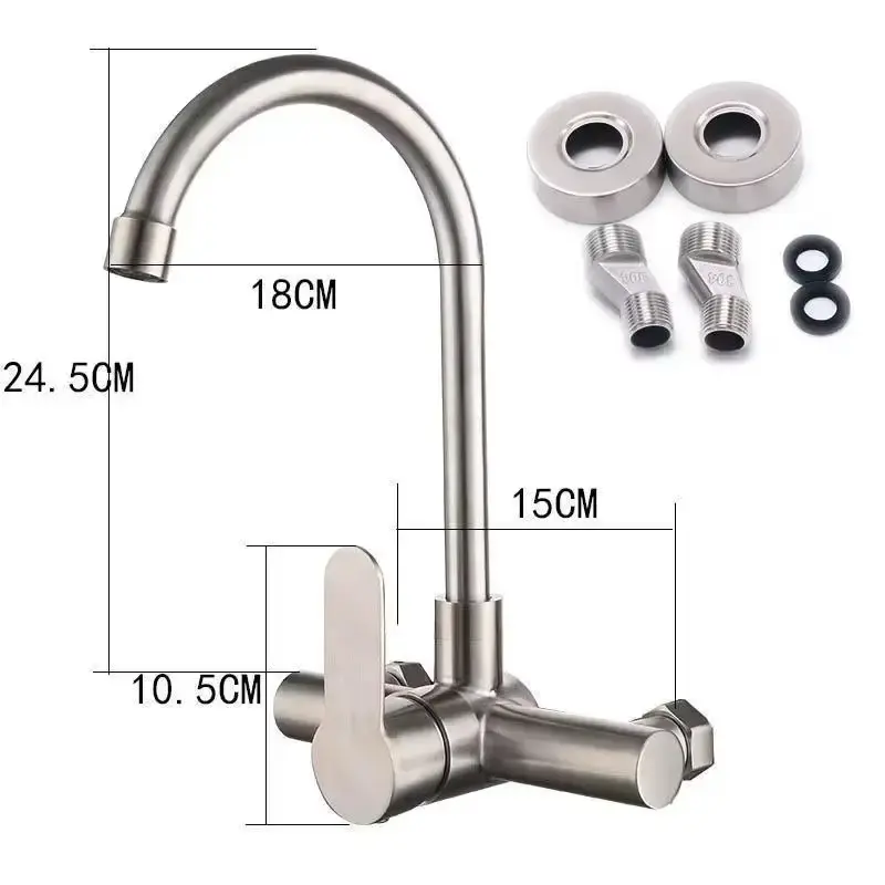 304 Stainless Steel Wall Mount Kitchen Faucet Mixer Kitchen Sink Faucet 360 Degree Free Rotation Hose Double Hole Faucet