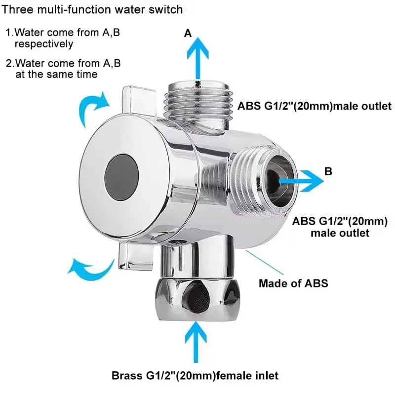 3 Way Adjustable Shower Head Diverter Valve 3 Mode Switch Adapter Brass G1/2 Inch Connector Bathroom Accessories