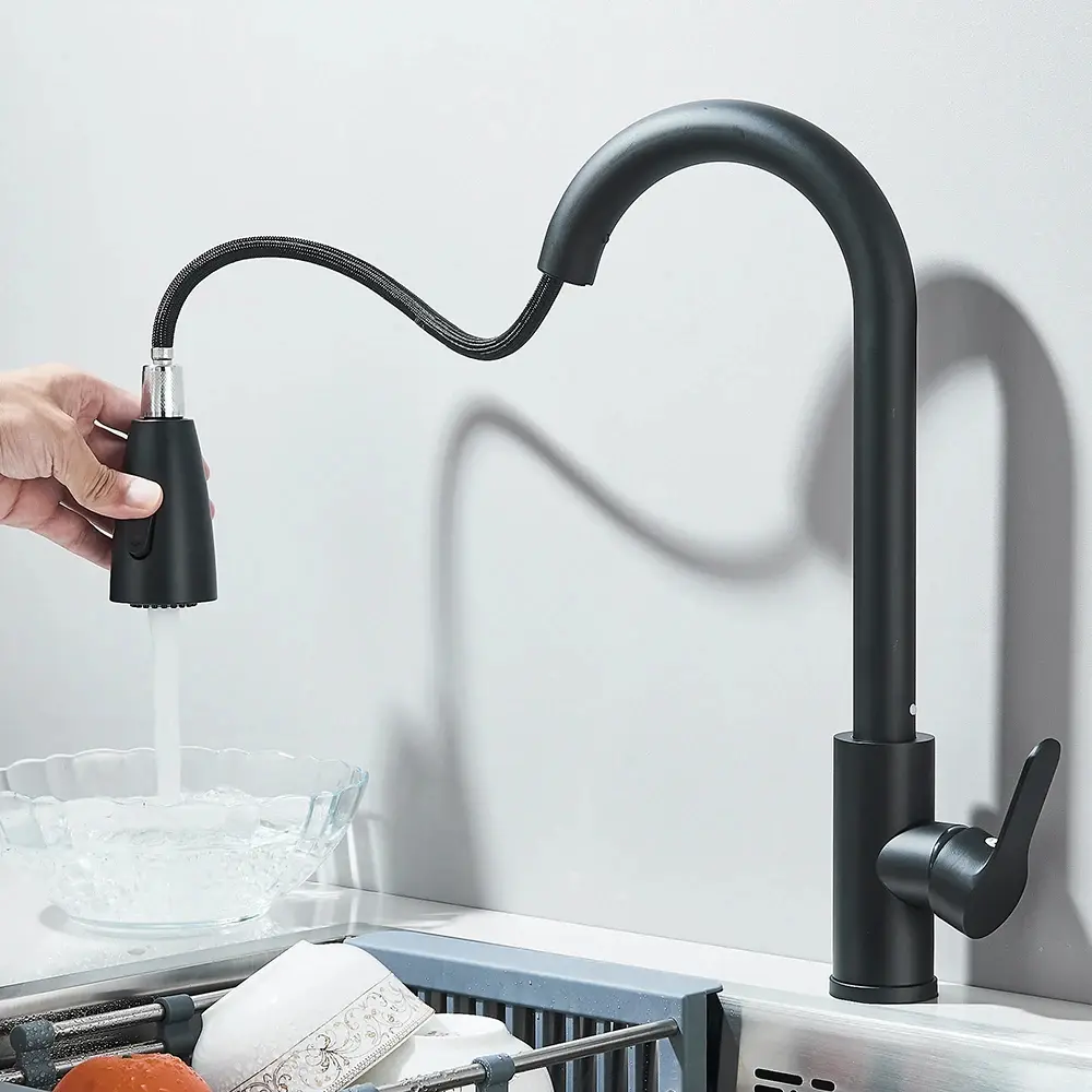 304 brushed kitchen faucet, black surface faucet, kitchen sink faucet, pull-out kitchen faucet, single hole faucet