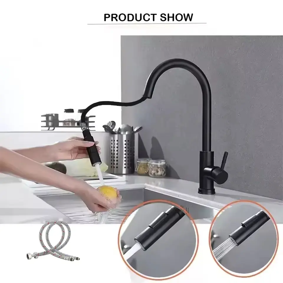 304 Chrome Kitchen Faucet, Deck Mount Pull-Out Spout Kitchen Sink Mixer Faucet, Single Handle Spray Nozzle, Mixer Faucet