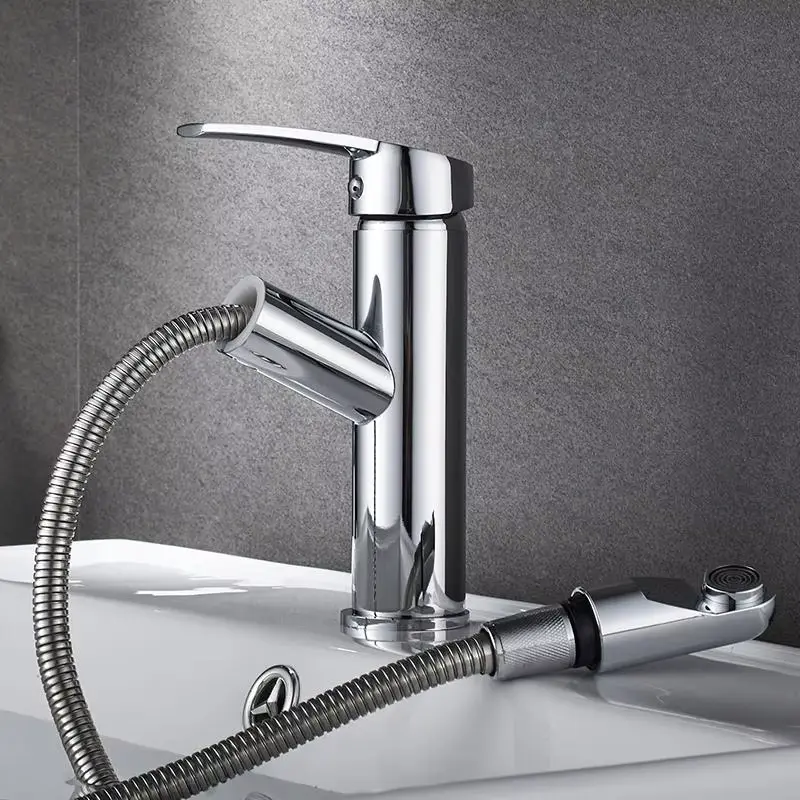 Single handle pull-out bathroom sink faucet hot and cold water countertop installation water use mode