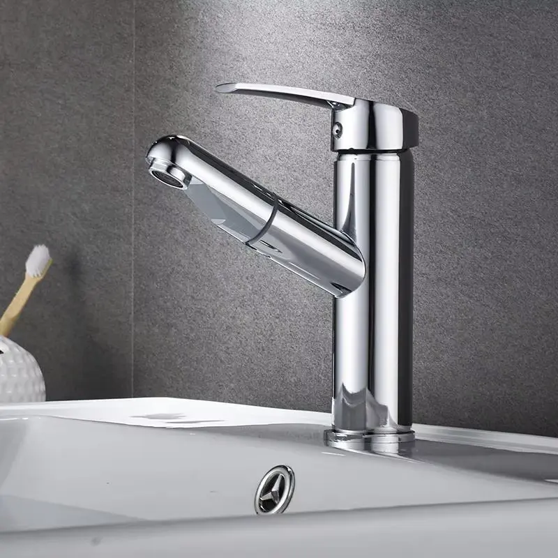 Single handle pull-out bathroom sink faucet hot and cold water countertop installation water use mode