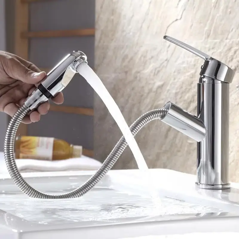 Single handle pull-out bathroom sink faucet hot and cold water countertop installation water use mode