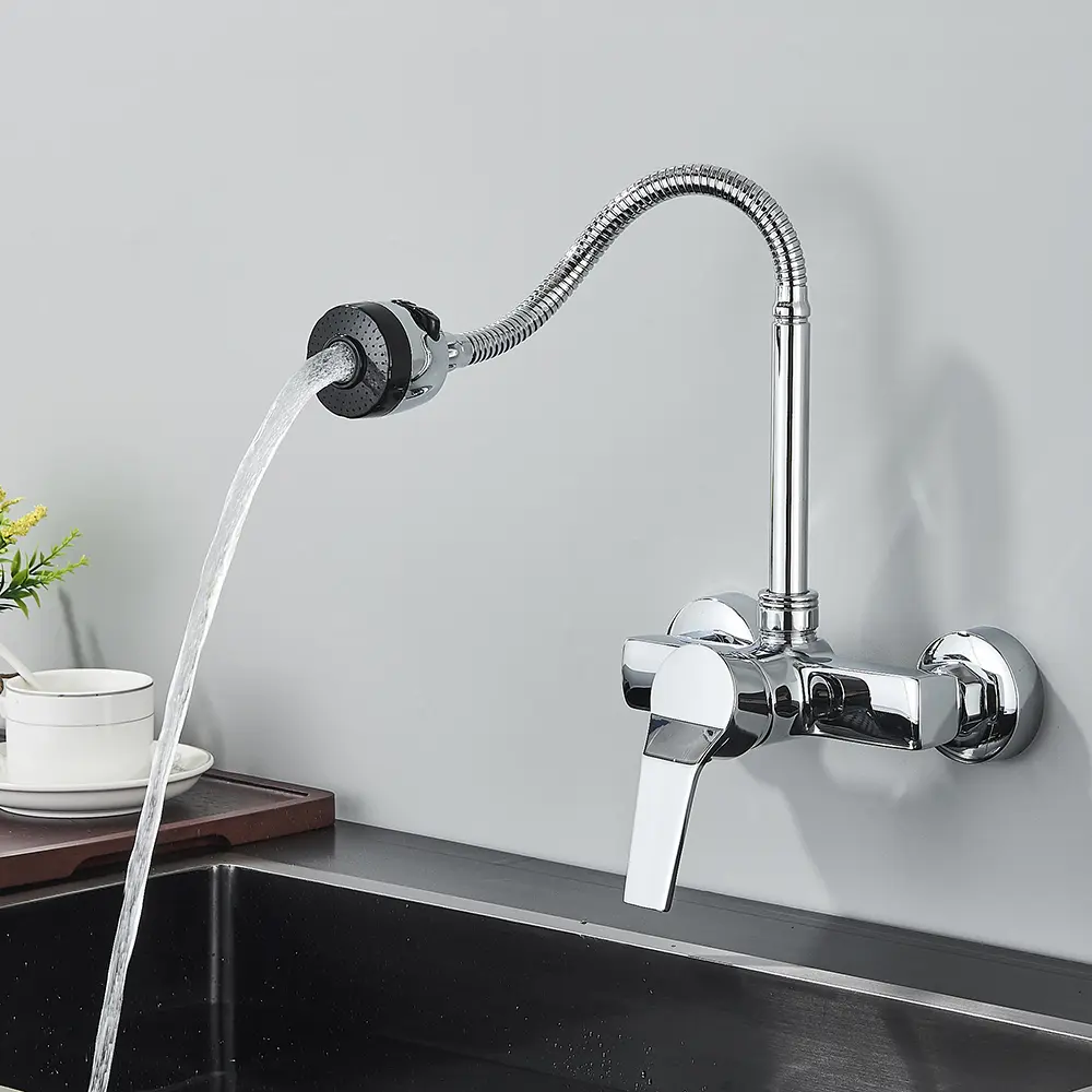 Chrome Wall Mounted Two Hole Kitchen Faucet Lead Free Hot and Cold Water Mixing Tap Water Flow Spray Aerator 360 Degree Rotating