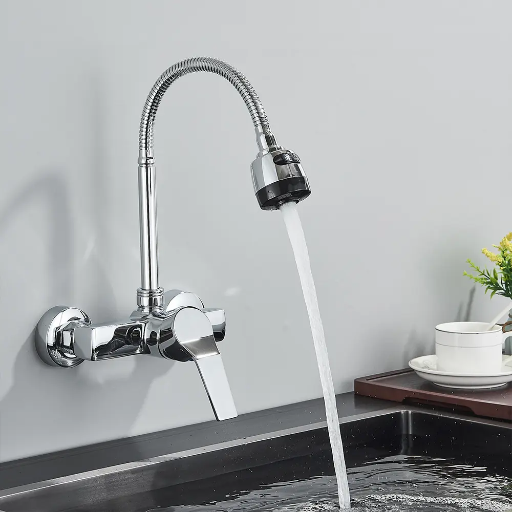 Chrome Wall Mounted Two Hole Kitchen Faucet Lead Free Hot and Cold Water Mixing Tap Water Flow Spray Aerator 360 Degree Rotating