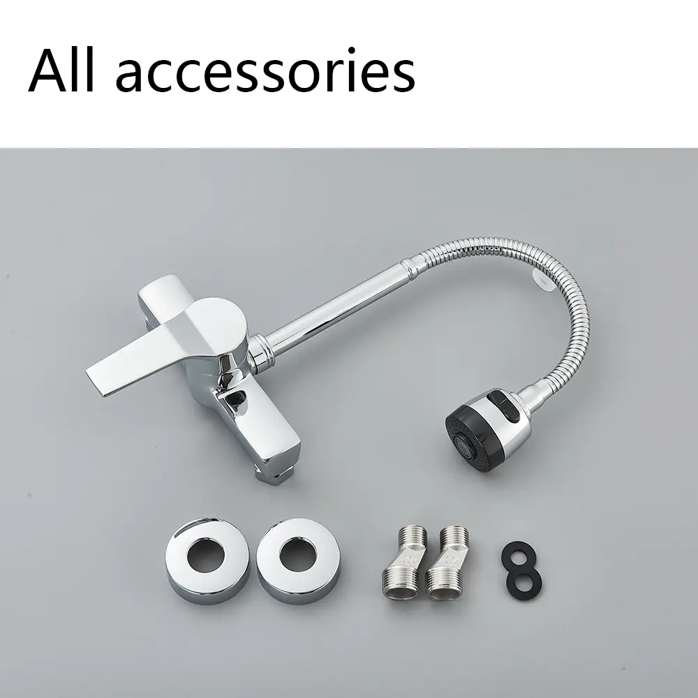 Chrome Wall Mounted Two Hole Kitchen Faucet Lead Free Hot and Cold Water Mixing Tap Water Flow Spray Aerator 360 Degree Rotating