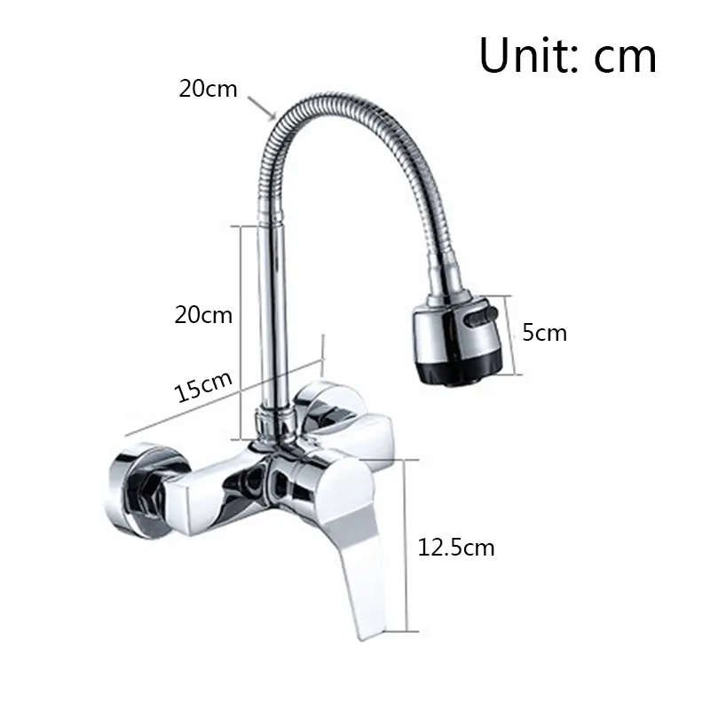 Chrome Wall Mounted Two Hole Kitchen Faucet Lead Free Hot and Cold Water Mixing Tap Water Flow Spray Aerator 360 Degree Rotating