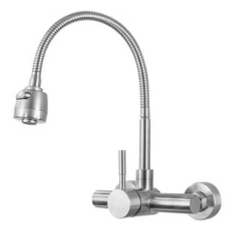 Chrome Wall Mounted Two Hole Kitchen Faucet Lead Free Hot and Cold Water Mixing Tap Water Flow Spray Aerator 360 Degree Rotating