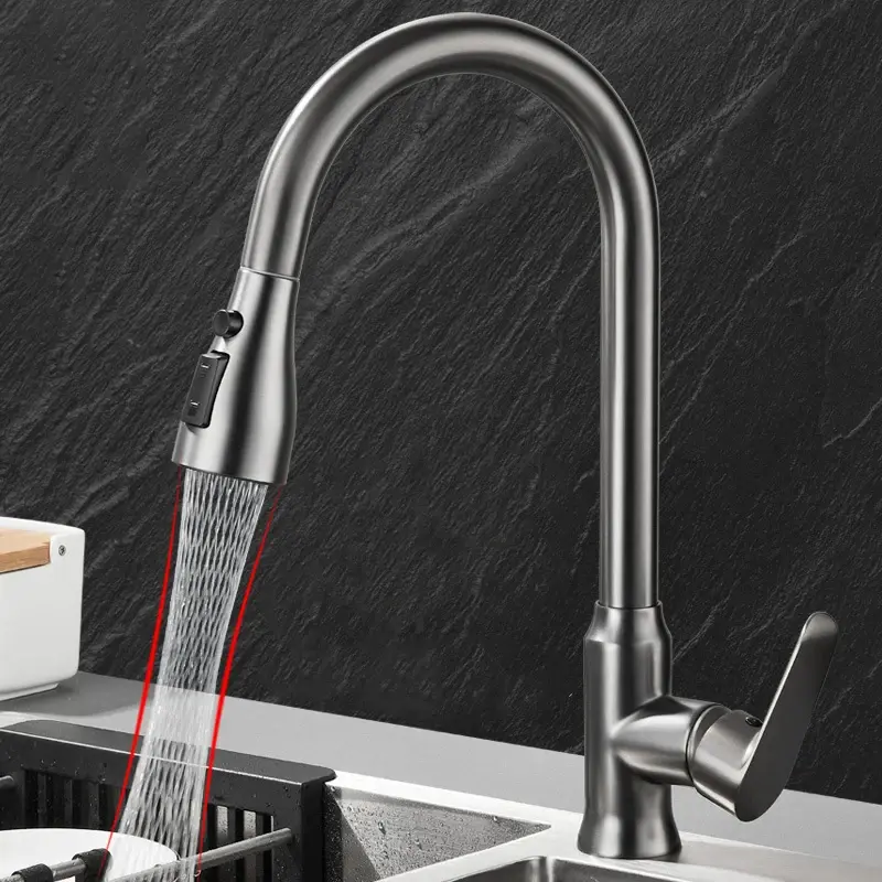 All copper kitchen faucet, pull-out spout, kitchen sink mixer tap, spray head, chrome/black mixer tap