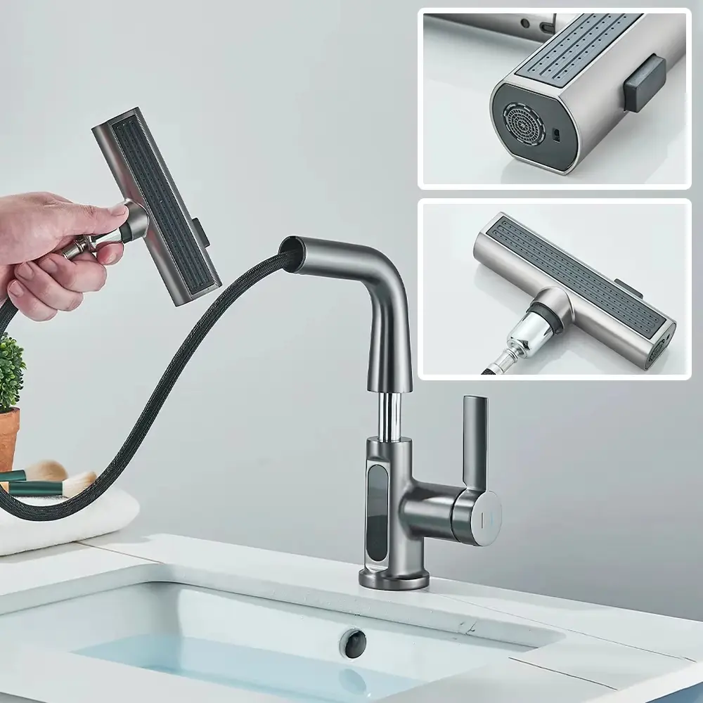 2025 New Digital Display Waterfall Pull-out Kitchen Faucet Hot and Cold Water Mixer Smart Bathroom Washing Faucet