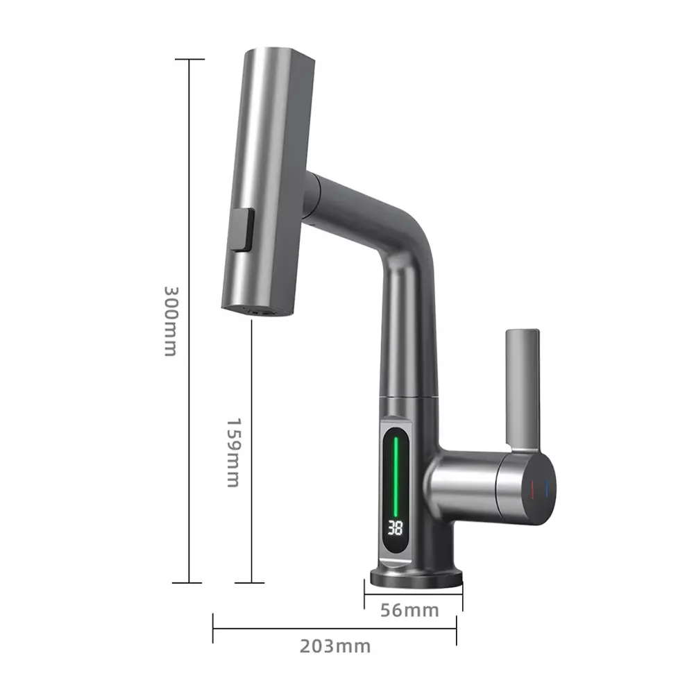2025 New Digital Display Waterfall Pull-out Kitchen Faucet Hot and Cold Water Mixer Smart Bathroom Washing Faucet