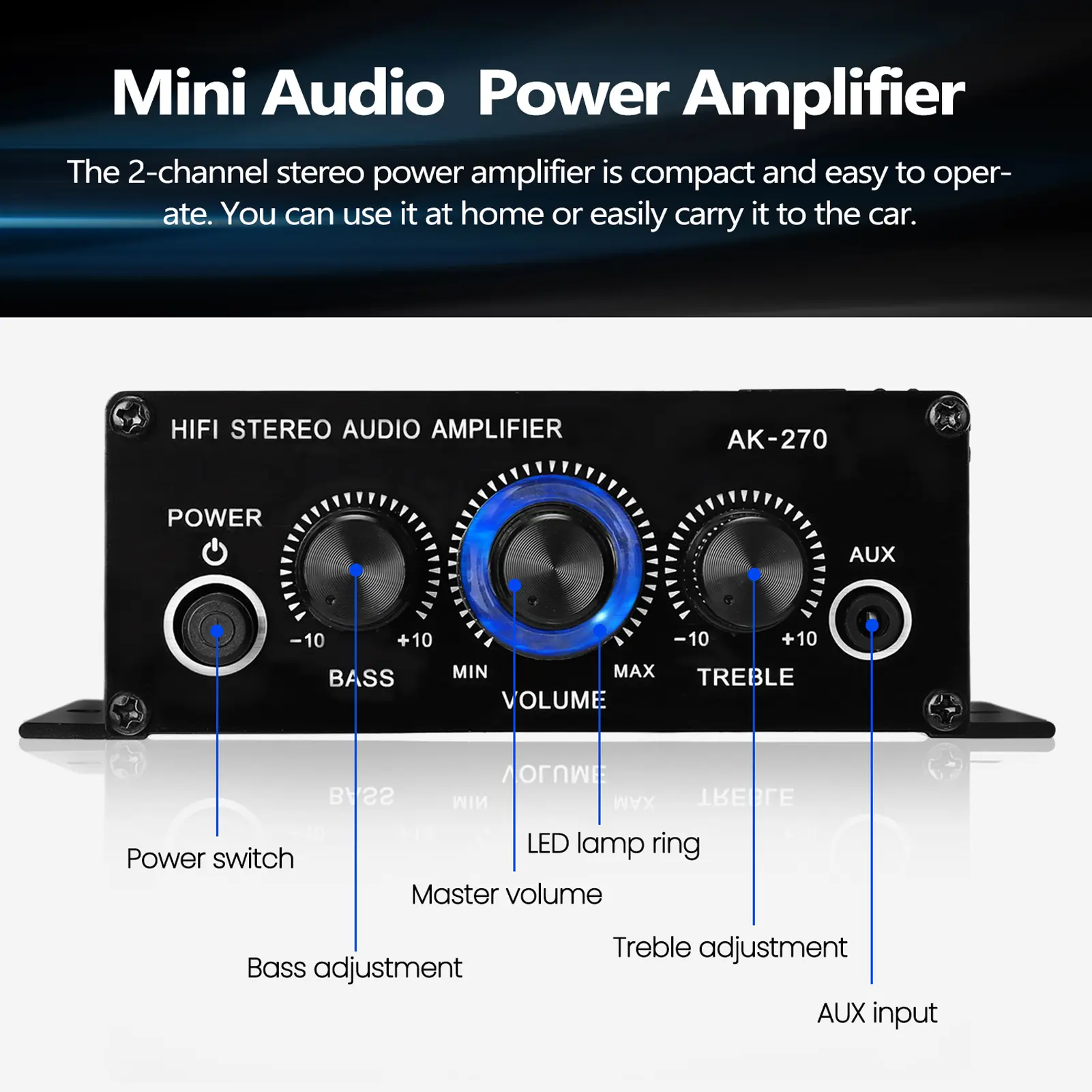 AK270 Mini Audio 2-Channel Stereo Power Amplifier Portable Sound Amplifier AUX Input Speaker Amp for Car and Home