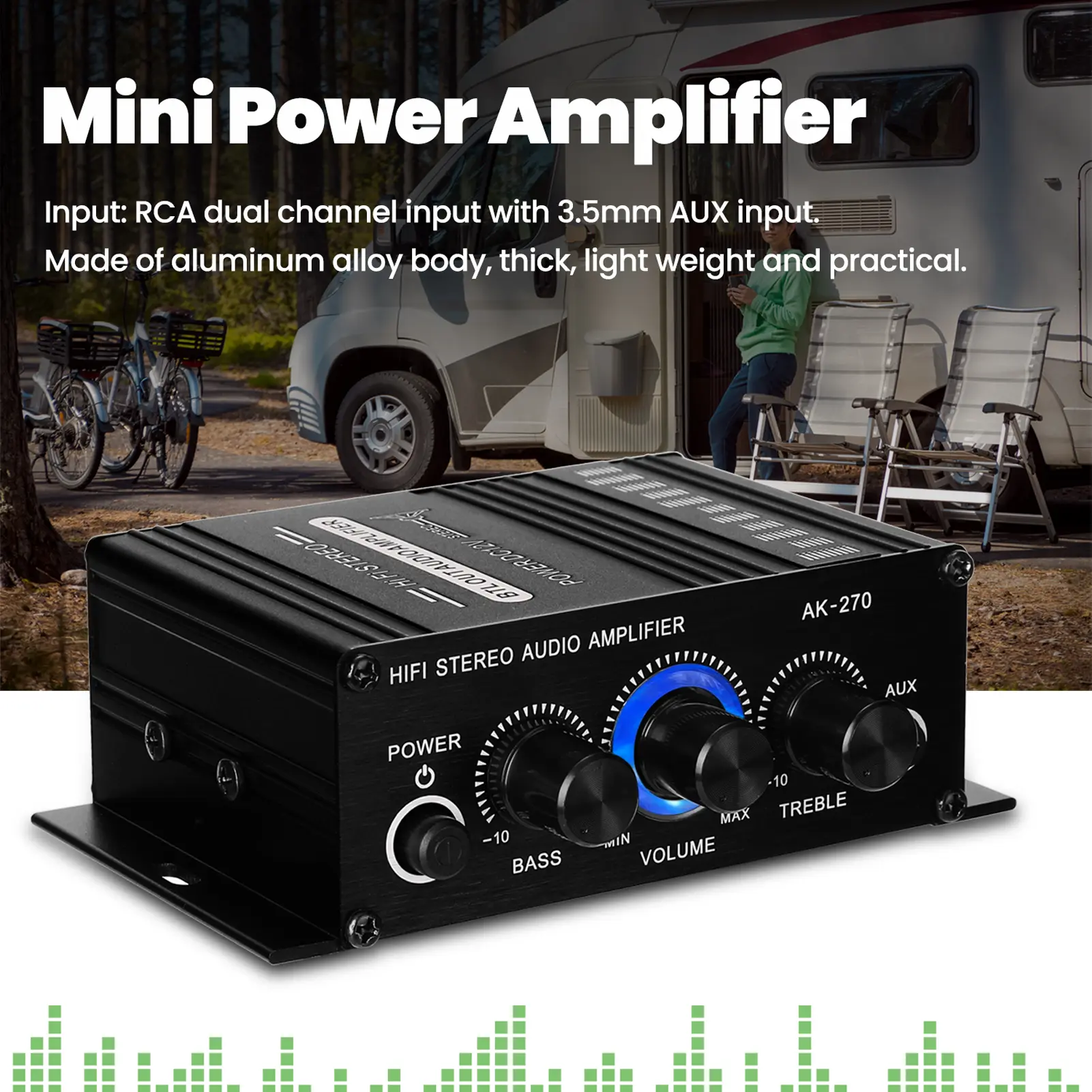 AK270 Mini Audio 2-Channel Stereo Power Amplifier Portable Sound Amplifier AUX Input Speaker Amp for Car and Home