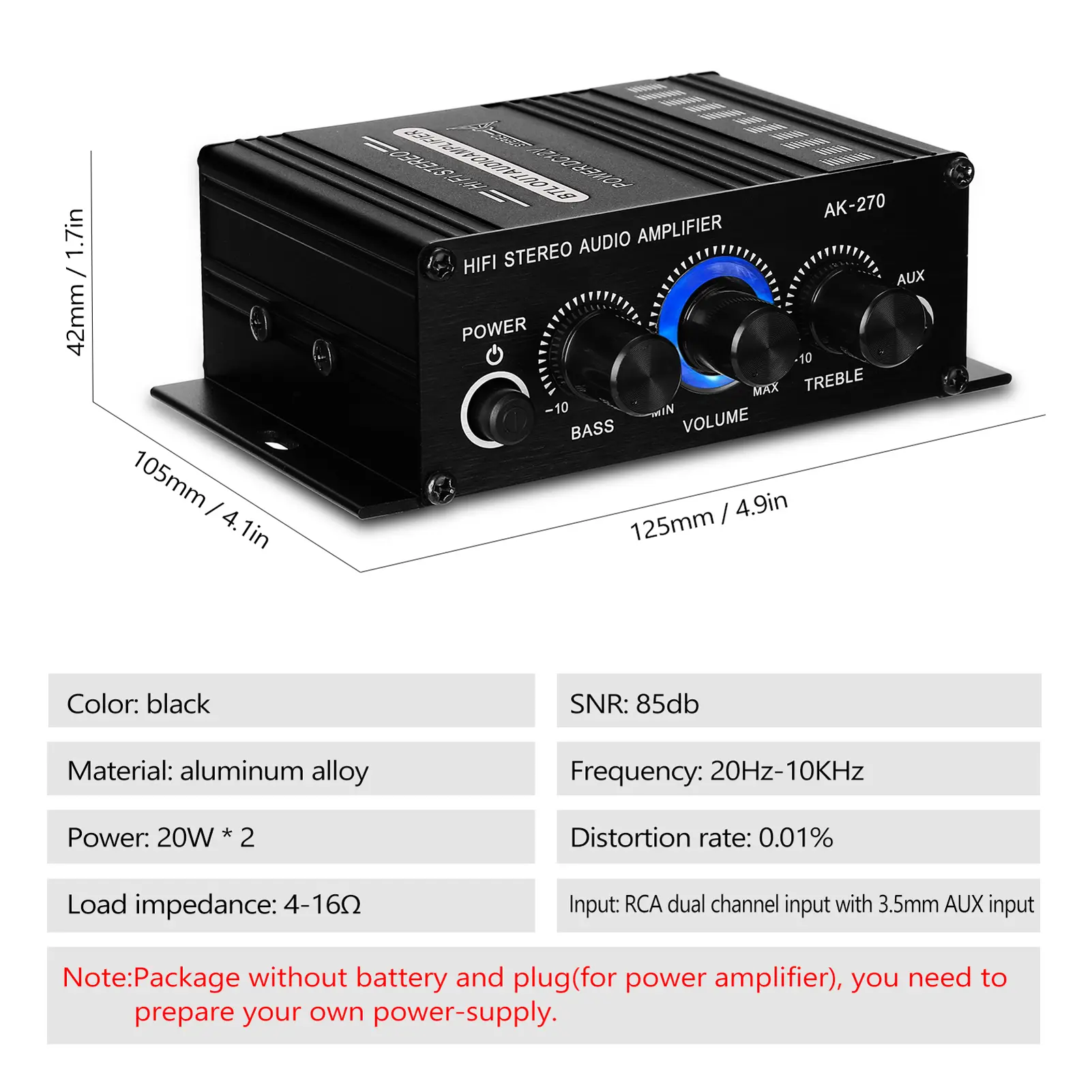 AK270 Mini Audio 2-Channel Stereo Power Amplifier Portable Sound Amplifier AUX Input Speaker Amp for Car and Home