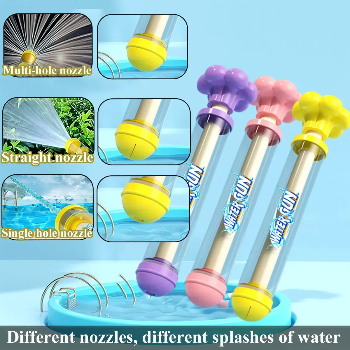 Ramdom 2/1 Water Guns for Kids Squirt 3 Types of Nozzles Water  Blaster Pistol Outdoor Toy Play in Swimming Pool Shooting Beach