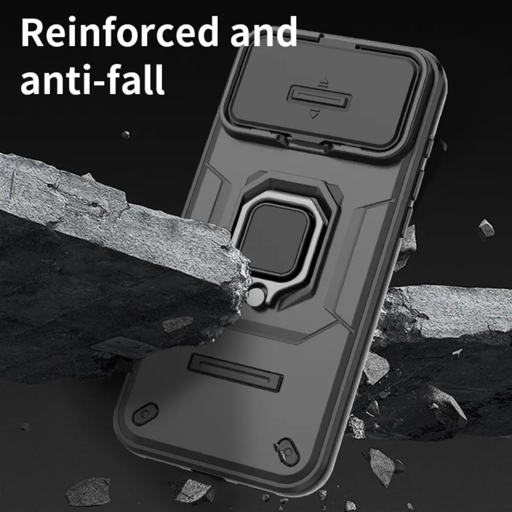 Slide Camera Lens Protection Case For iPhone 17 16 15 14 13 Pro Max Plus Ring Stand Bracket Holder Armor Shockproof Bumper Cover