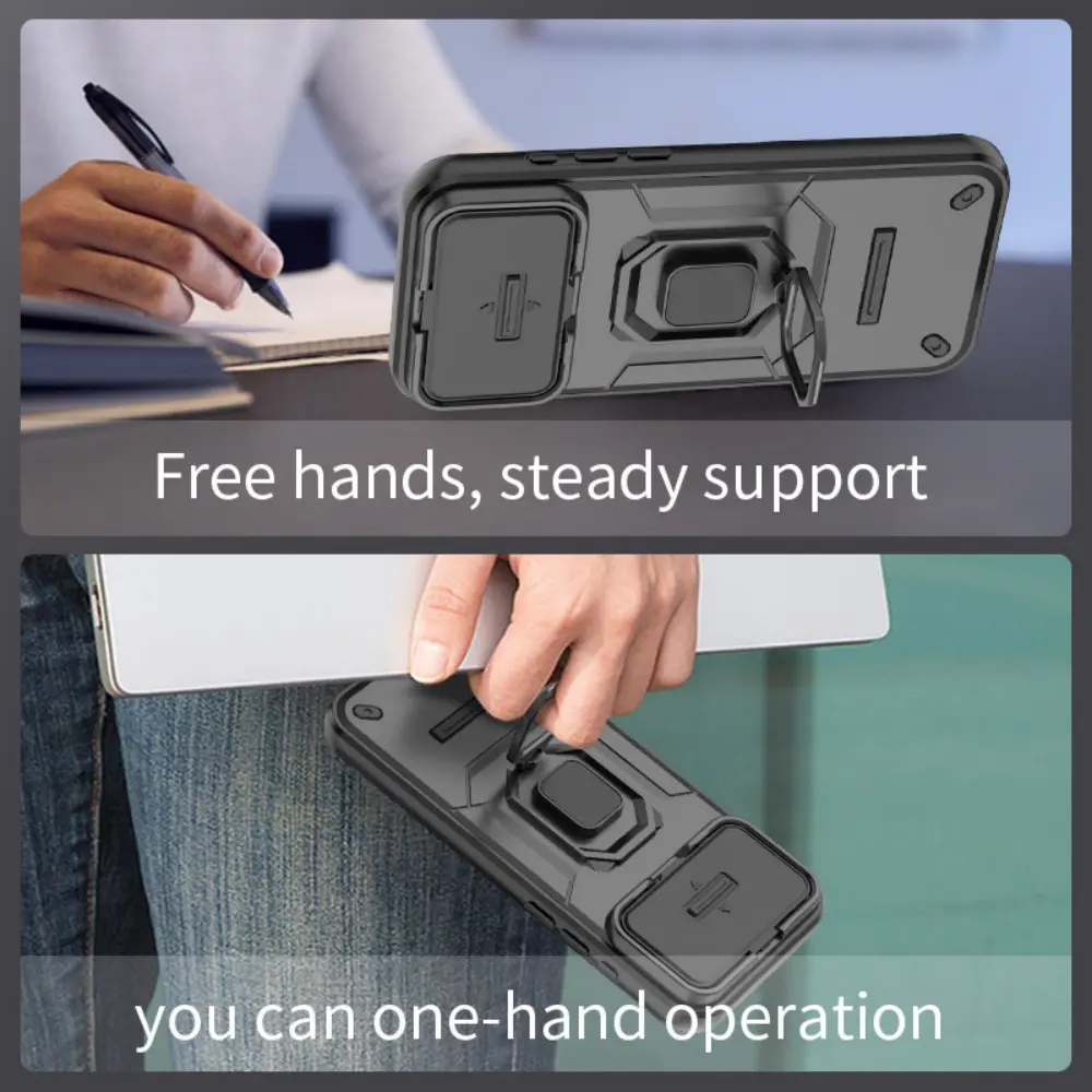 Slide Camera Lens Protection Case For iPhone 17 16 15 14 13 Pro Max Plus Ring Stand Bracket Holder Armor Shockproof Bumper Cover