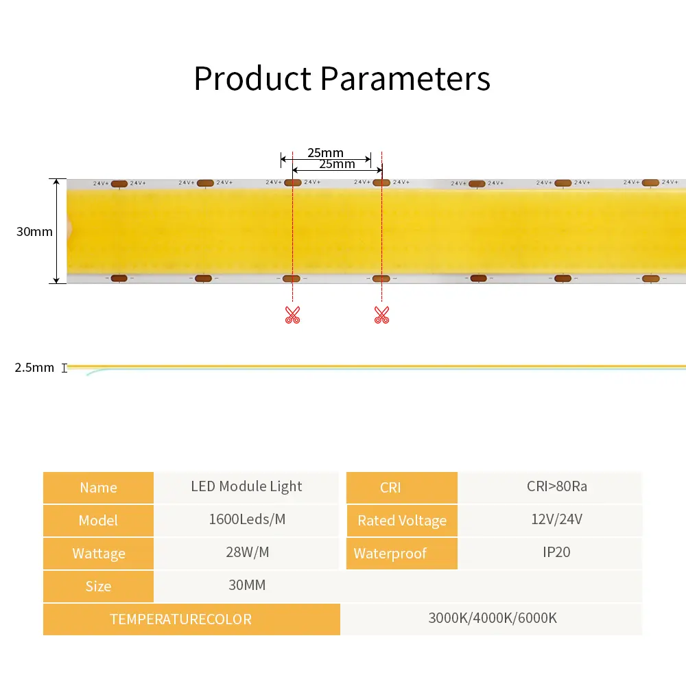 Ultra Bright COB LED Strip 3000K 4000K 6500K 1600LEDs/m High Density Flexible Dimmable Led Light 4300 lumen/m 30mm PCB DC24V