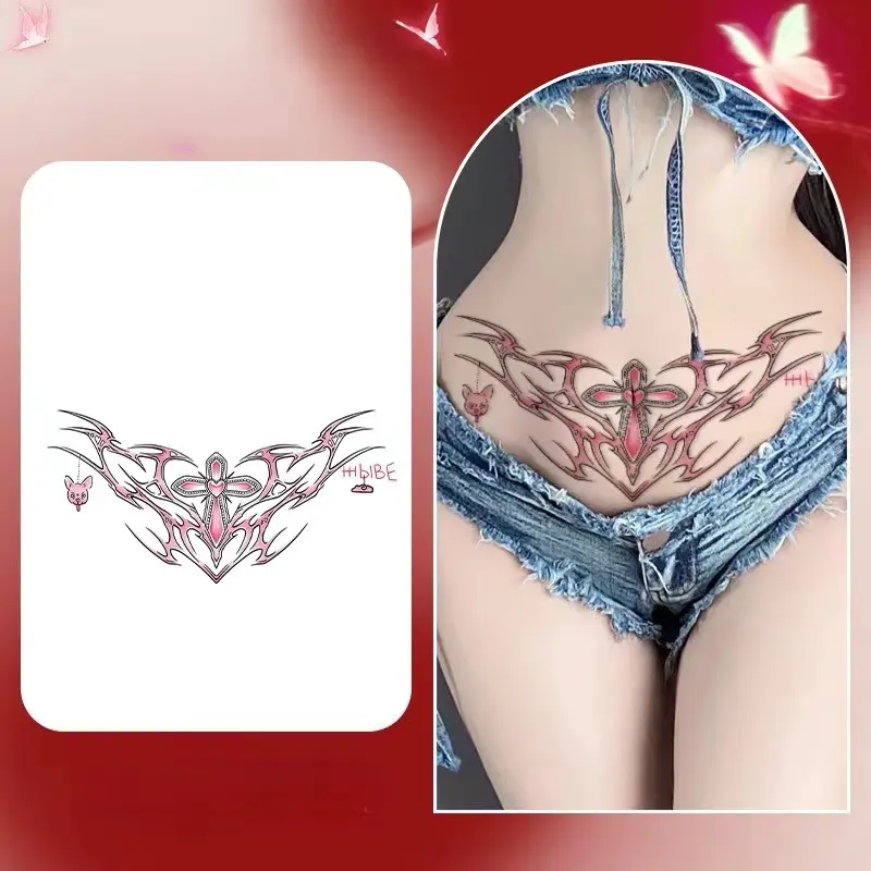 Pink Letter Totem Temporary Tattoo for Women Festival  Waterproof Fake Tattoo Heart Bear Abdomen Sexy Tatuaje Tatoo Sticker Art