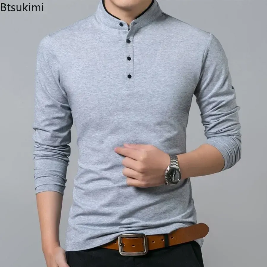 New 2025 Men's Casual Long Sleeve T-shirts Fashion Stand Collar Polo Shirt Men Business Social Solid Slim Tops Cotton Sport Tees