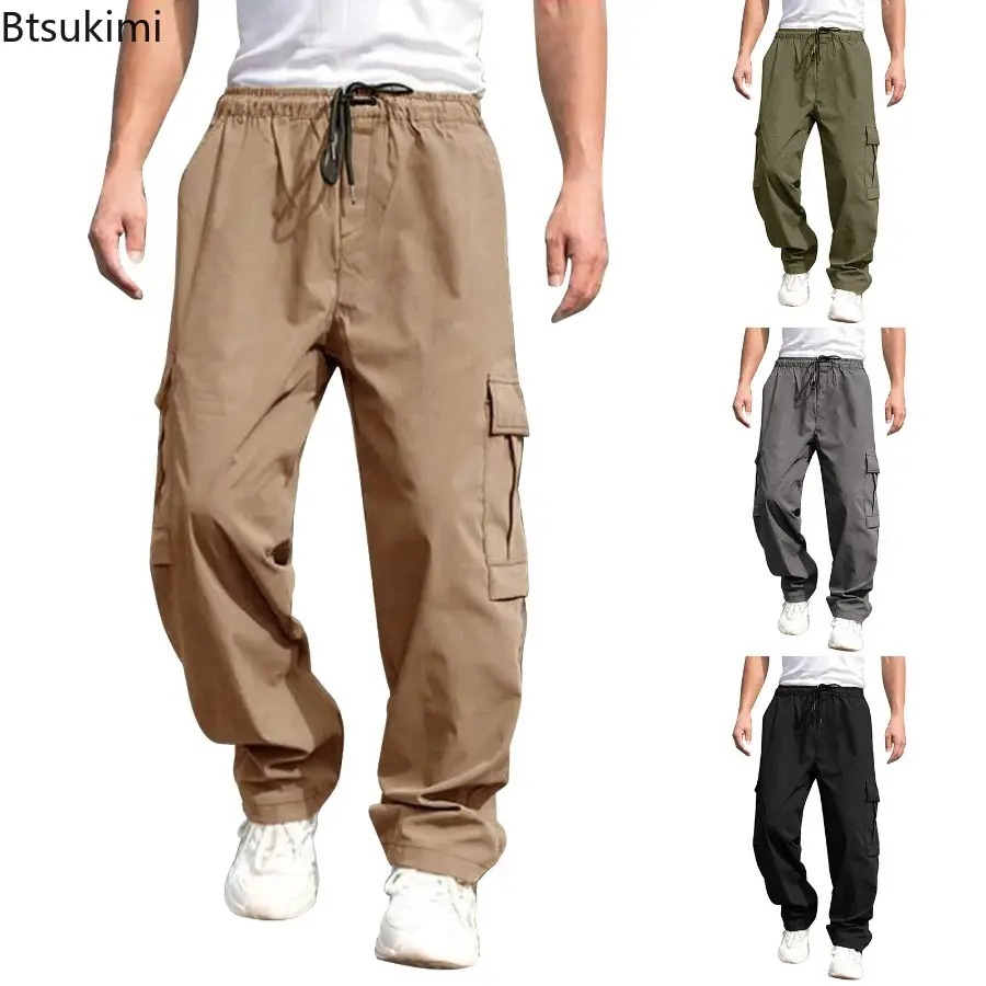 New Fashion Men's Loose Multi-pockets Cargo Pants Summer Drawstring Casual Straight Trousers Men Outdoor Sport Jogger Pants 2025