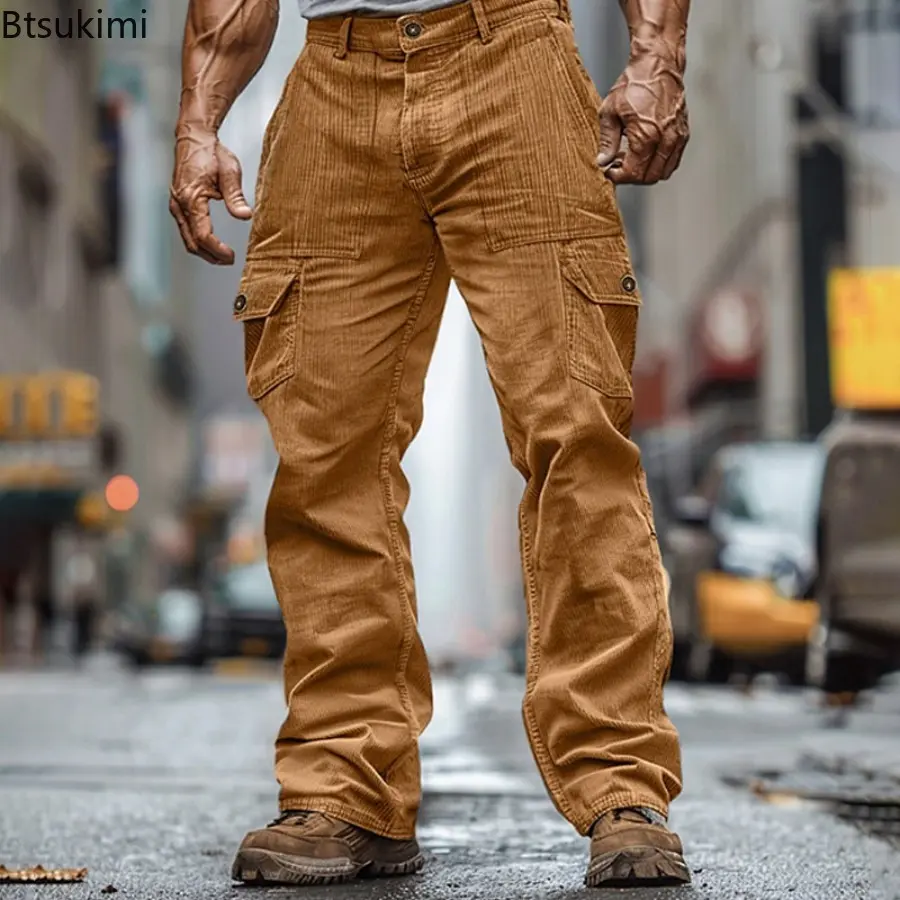 2025 Streetwear Fashion Men's Cargo Pants Autumn Outdoor Casual Solid Ribbed Corduroy Trousers Male Vintage Loose Straight Pants