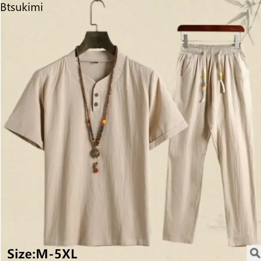 2025 Men's Summer Chinese Style Sets Vintage Cotton Linen Short Sleeve V-neck Shirt and Pants Suit Sets Loose Casual Men Outfits