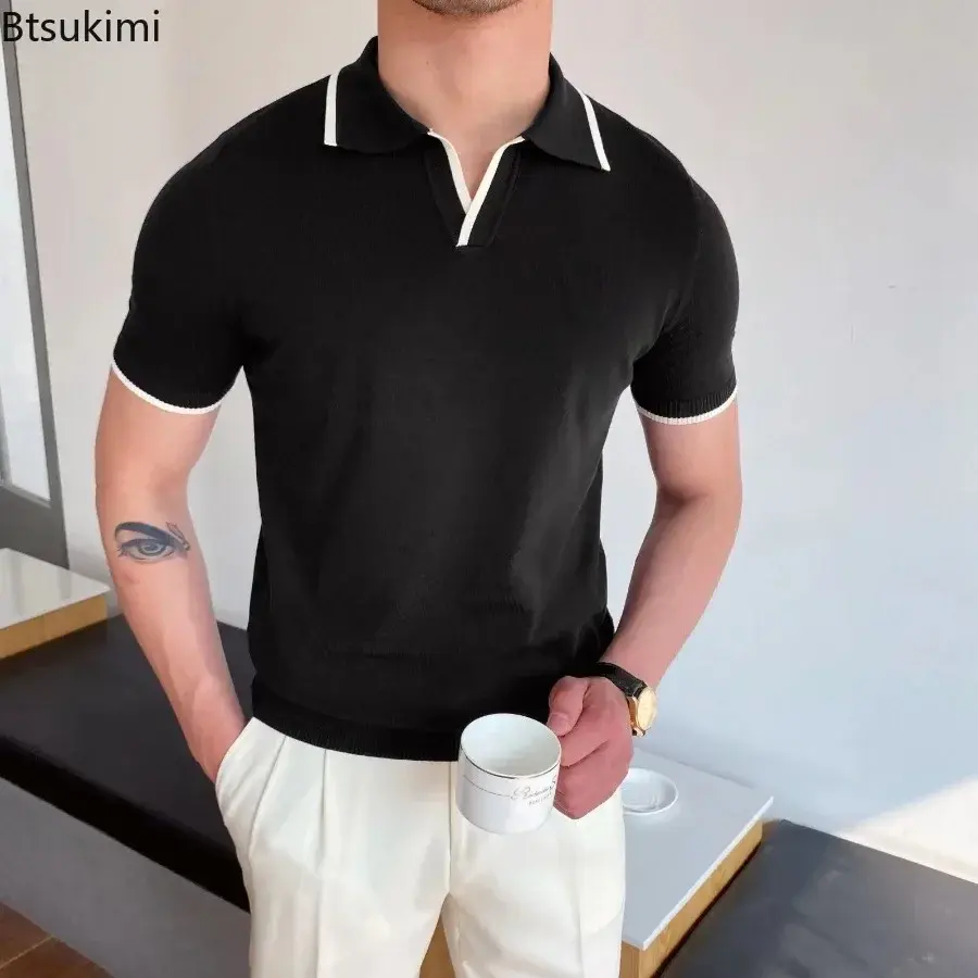 Men's Summer Fashion Polo Shirts New Short Sleeve Lapel Knitted Tops Men Trend Streetwear Casual Patchwork Pullover T-shirt Male