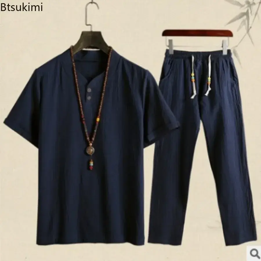 2025 Men's Summer Chinese Style Sets Vintage Cotton Linen Short Sleeve V-neck Shirt and Pants Suit Sets Loose Casual Men Outfits