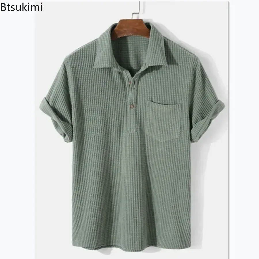 2025 Summer Men's Loose Casual Plaid Shirts Fashion Solid Lapel Collar Button Blouse Short Sleeve Simple Pocket Shirt Male Tops
